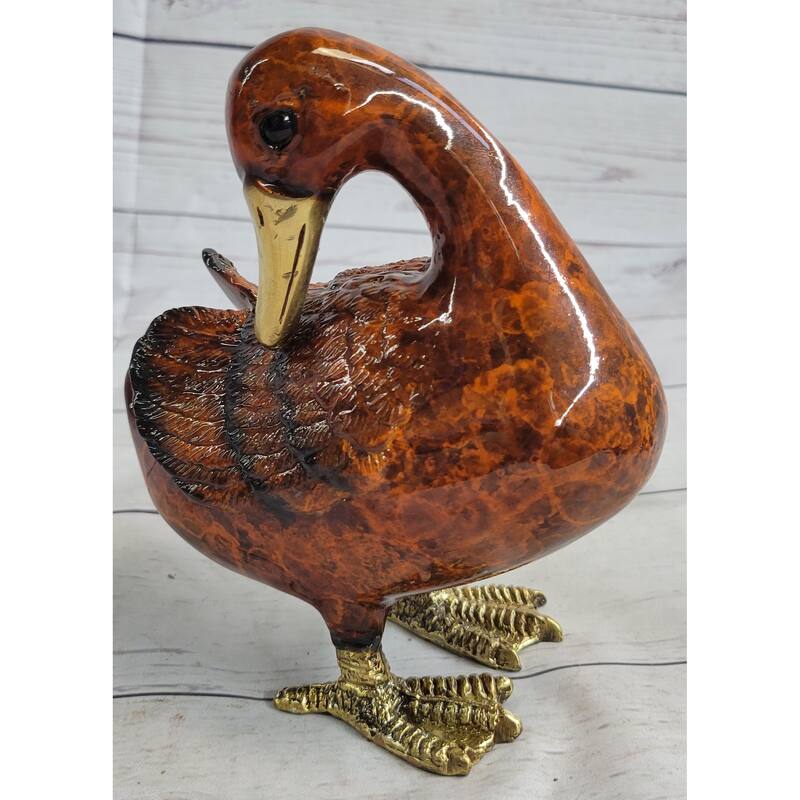 Real Bronze Metal Duck Painted Bird Cast Sculpture Statue Figurine 7 Inches X 6 Inches