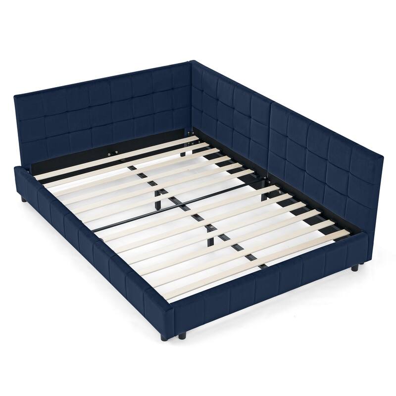 Corner Day Bed Frame, Upholstered Velvet Wooden L-Shaped Sofa Bed with Tufted Design & Wood Slats, Modern Floor Platform Bed
