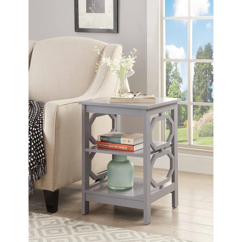 End Table with Octagon Cutouts and Three Shelves, Stylish Geometric Accent Side Table for Living Room Storage and Home Décor
