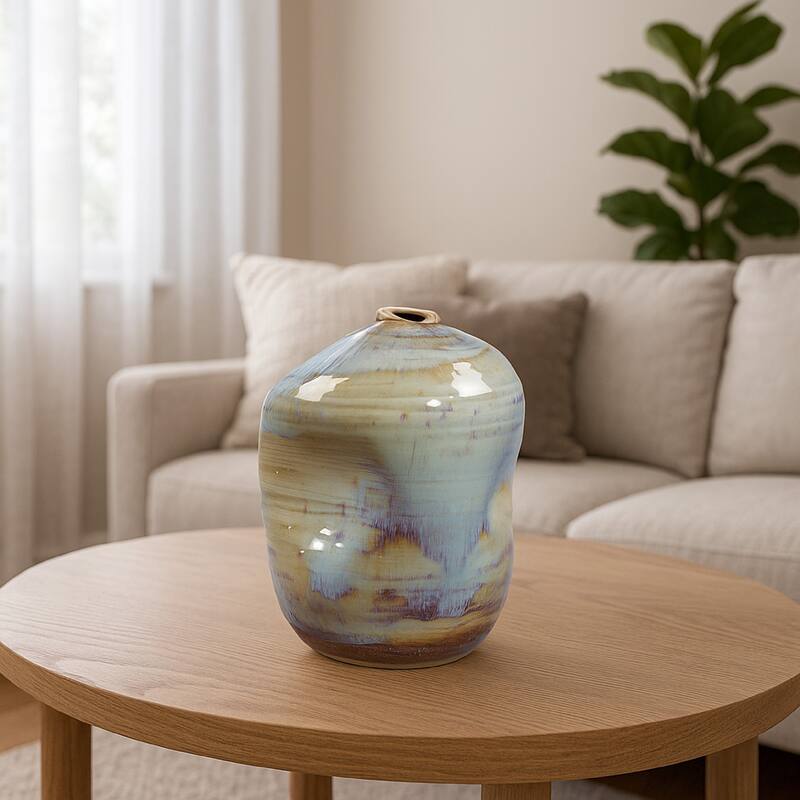 Noah Decorative Vase, Irregular Shape, Glossy Blue Ceramic 13 Inch