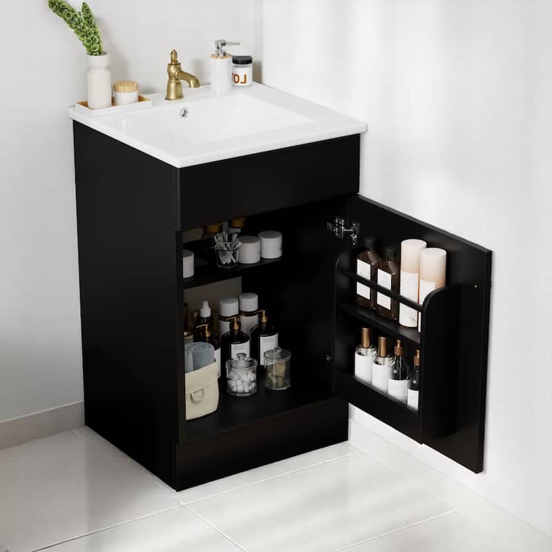 Compact 20 Inch Bathroom Vanity with Ceramic Sink, Painted MDF Cabinet, Soft Close Door, Freestanding - Black