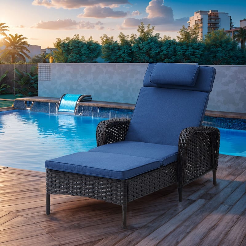 Patio Chaise Lounge with Cushion - Frame Brown Cusion Blue