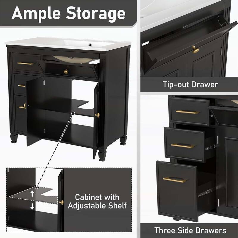 Freestanding Vanity Set with One Tip-out Drawer,3 Side Drawers,Adjustable Shelf