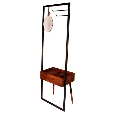 71 Inch Metal Coat Stand with Mirror and 1 Drawer, Brown and Black