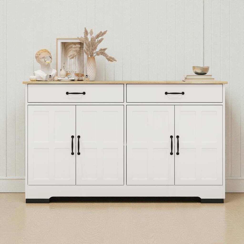 55.9" Farmhouse Buffet Sideboard Cabinet with 2 Drawers and 4 Doors, Large Storage Cupboard for Dining Room, Kitchen