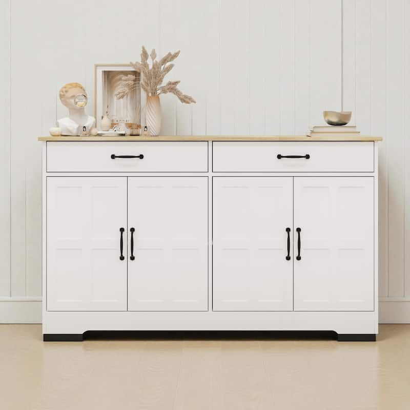 55.9" Farmhouse Buffet Sideboard Cabinet with 2 Drawers and 4 Doors, Large Storage Cupboard for Dining Room, Kitchen - White