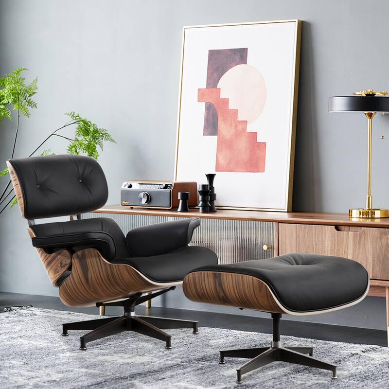 HomeRoots 35" Black Tufted Leather And Brown Swivel Lounge Chair with Ottoman - 34.6