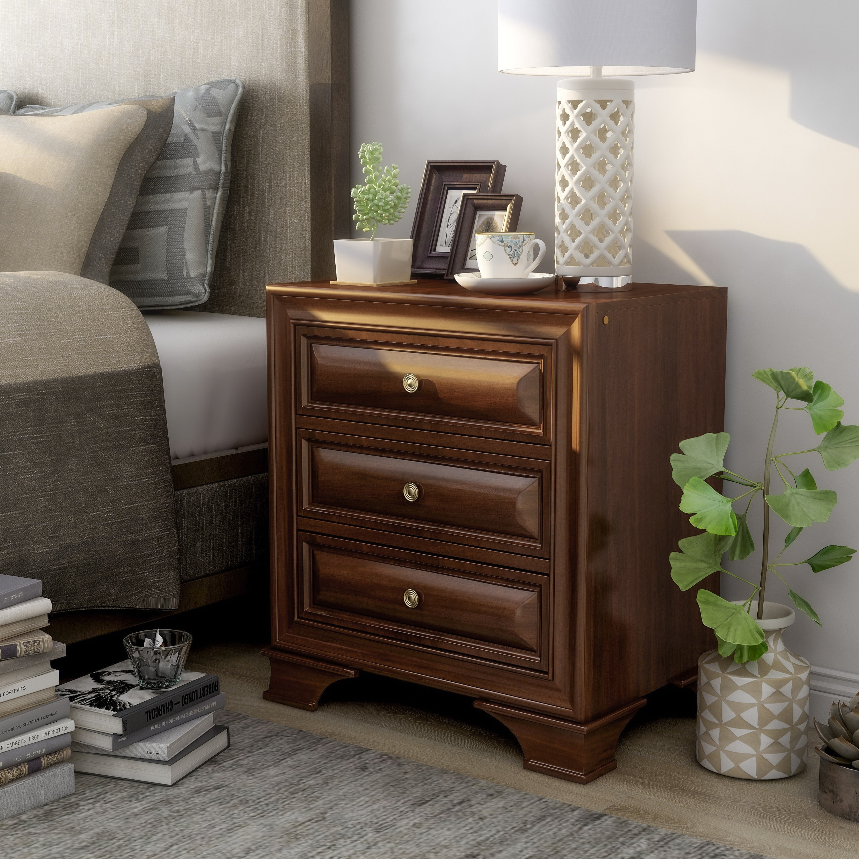 Oslo Traditional Wood Nightstand with USB Charging and 3 Drawers  -image