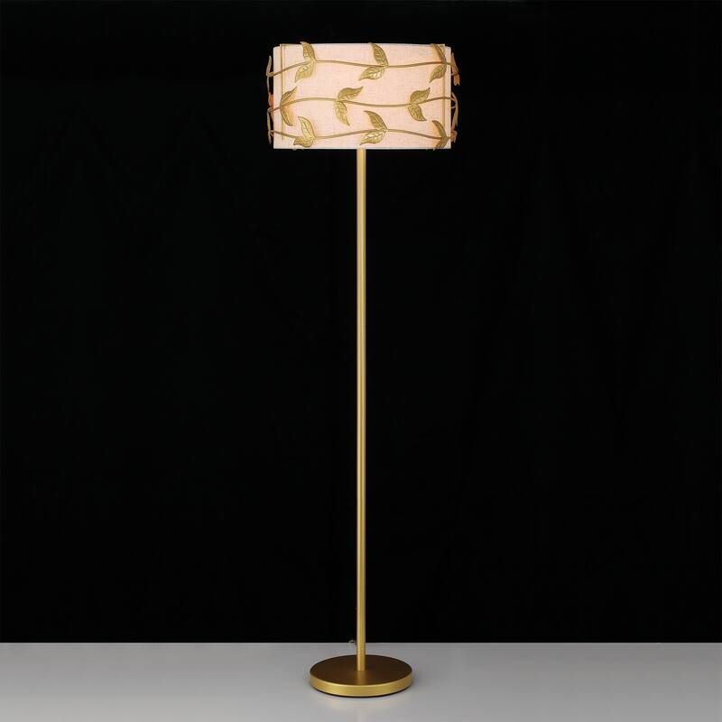 Acroma Black/Gold Leaf-Accent Fabric Shade Floor Lamp