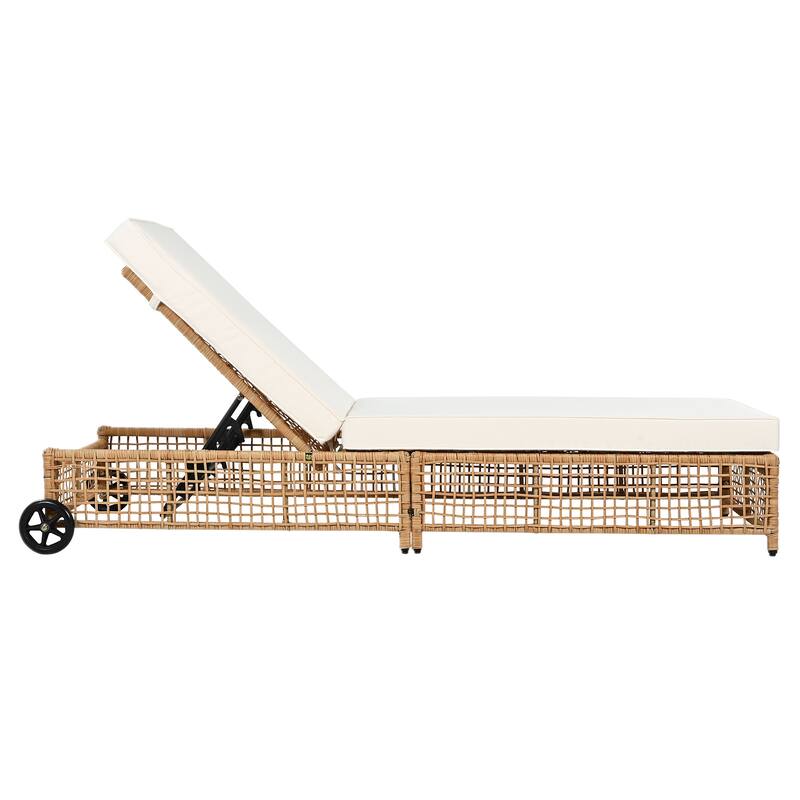 Outdoor PE Rattan Chaise Lounge with 5-Position Backrest & Wheels, Patio Recliner Chair Sun Lounger for Poolside Backyard Garden