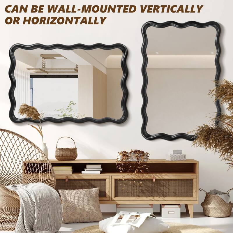 Scalloped Wood Frame Rectangle Wavy Wall Mirror