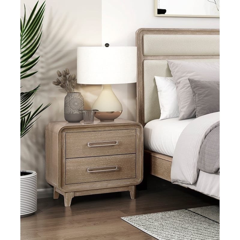5pc Bedroom Set Natural Finish Upholstered Bed Nightstand Dresser Mirror Chest