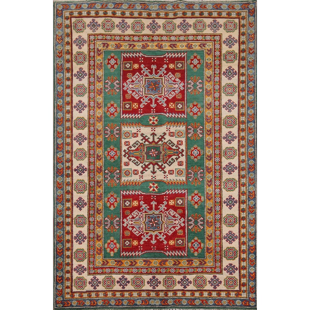 Green Geometric Kazak Oriental Area Rug Handmade Wool Carpet - 3'11" x 5'9"