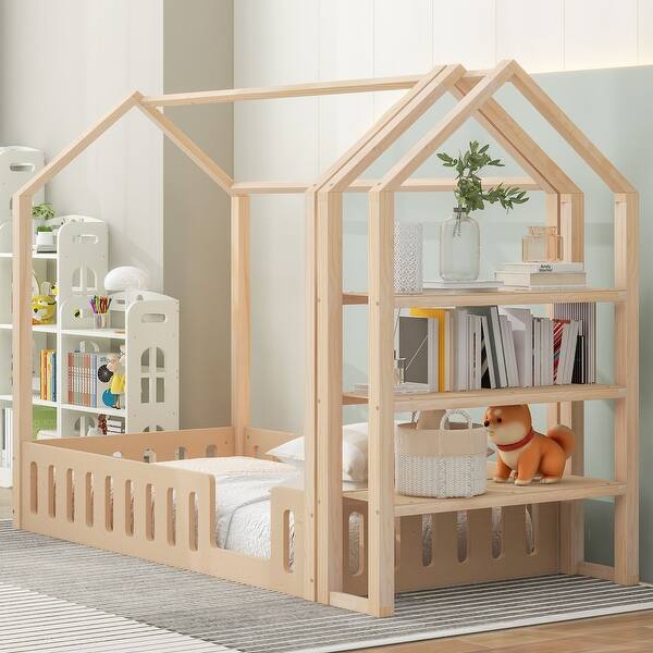 slide 2 of 16, Twin Size Wood Kid's Bed, House Bed with Fence and Customizable Storage Shelves Natural