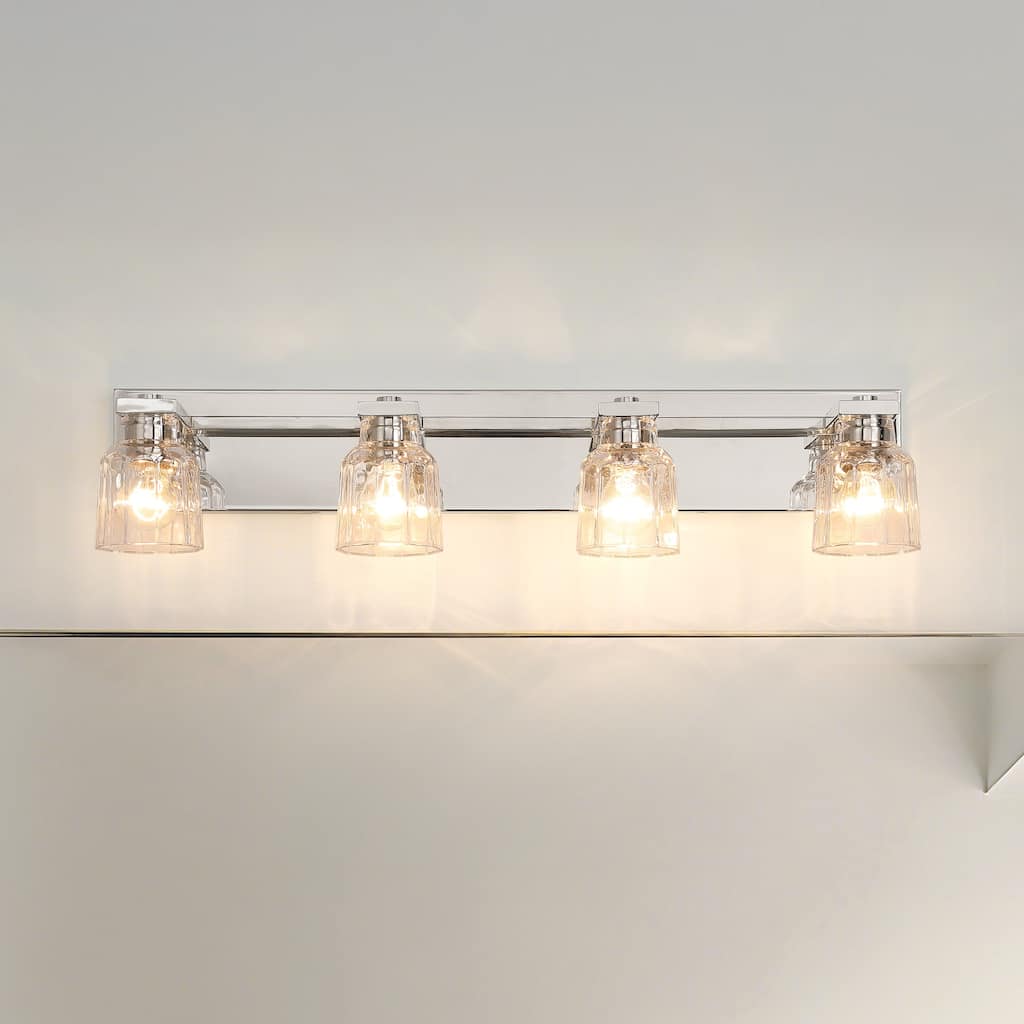 Thesis Dryden 32-inch 4-light Polished Nickel Vanity Light with Clear Ribbed Glass Shades
