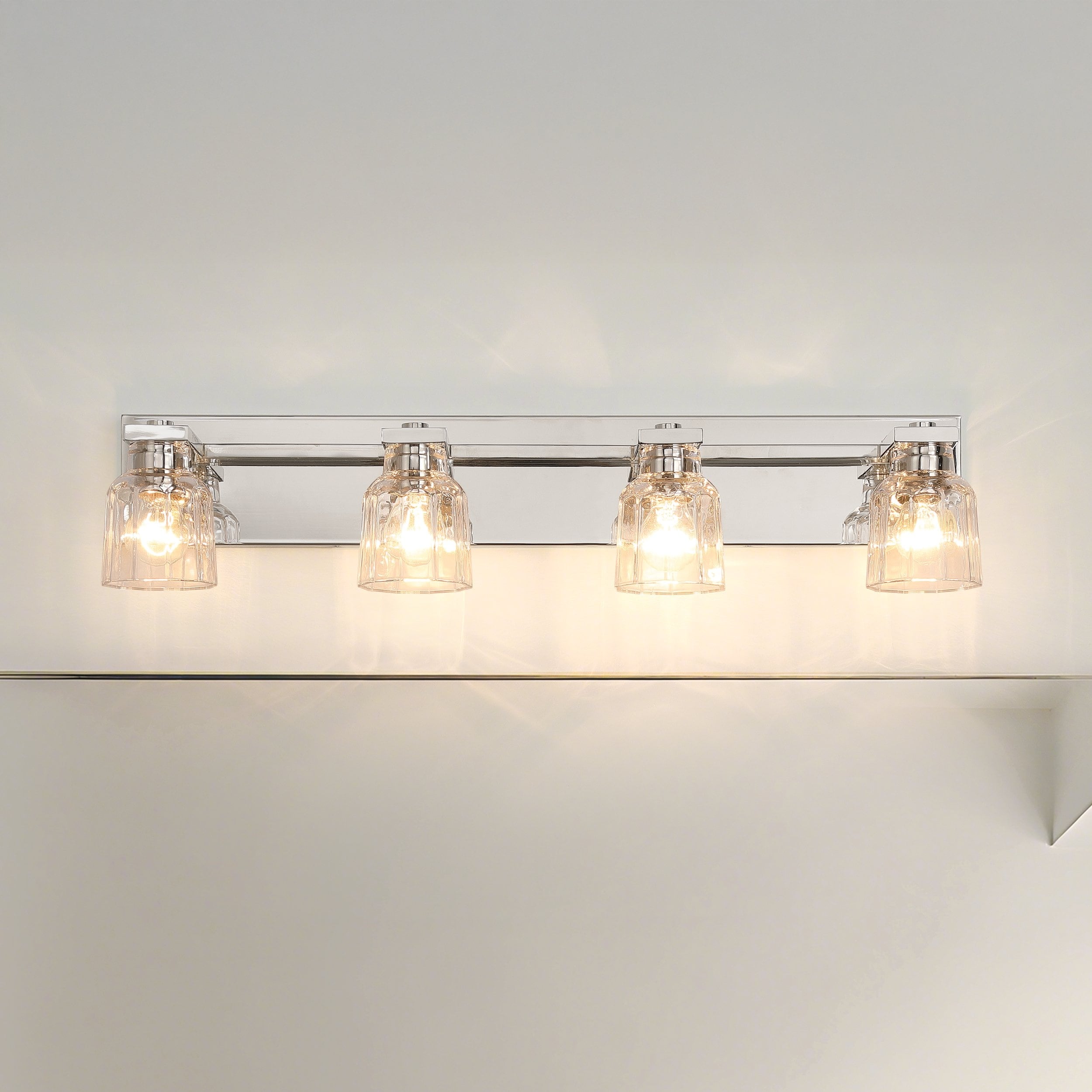 Thesis Dryden 32-inch 4-light Polished Nickel Vanity Light with Clear Ribbed Glass Shades