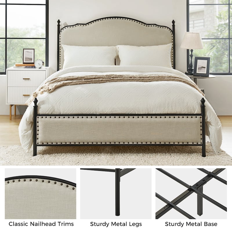 Eulalia Transitional Upholstered Platform Metal Bed Frame Four Poster Bed with High Headboard&Pillow