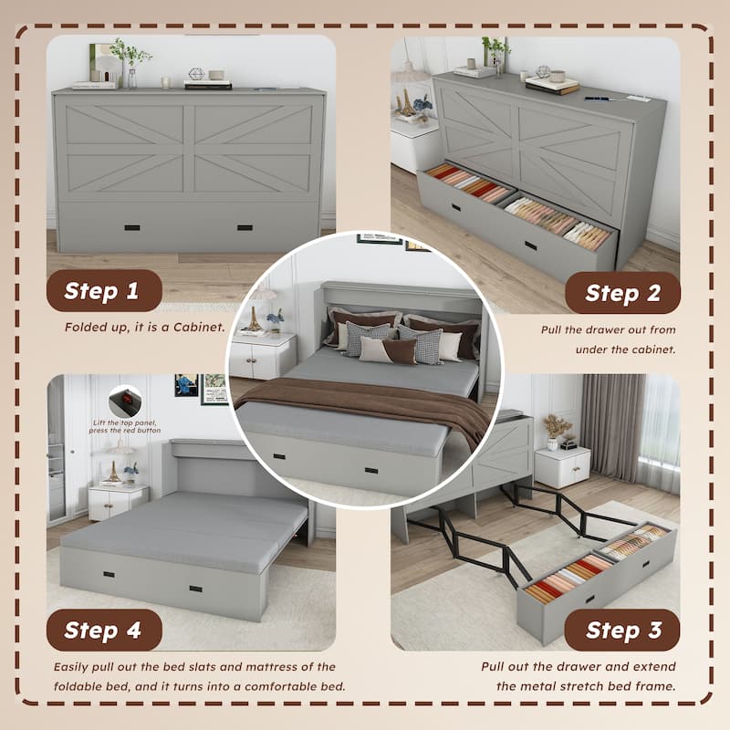 57" Murphy Bed with Storage & Charging Station