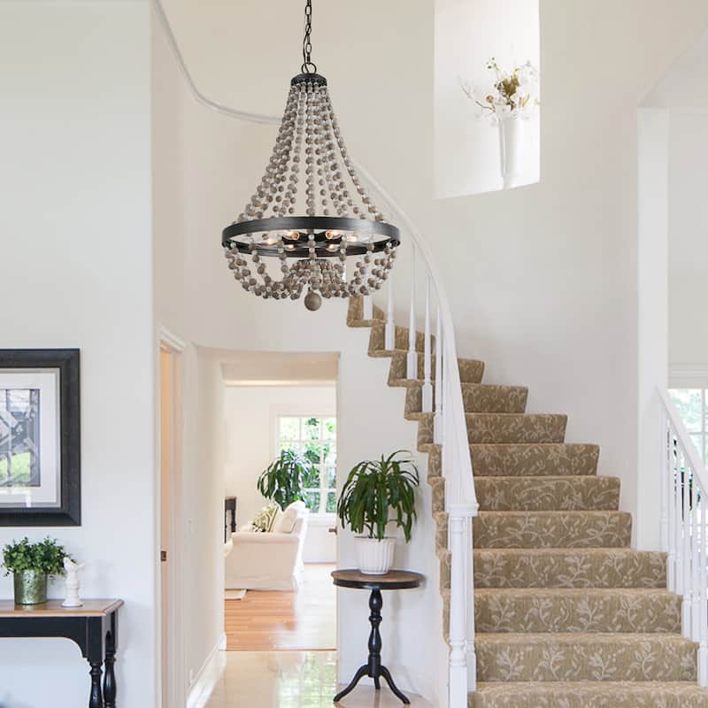 Farmhouse 6-Light Wood Beaded Chandelier Boho Coastal Pendant Light - D20.1" x H88.3"