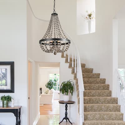 Farmhouse 6-Light Wood Beaded Chandelier Boho Coastal Pendant Light - D20.1" x H88.3"