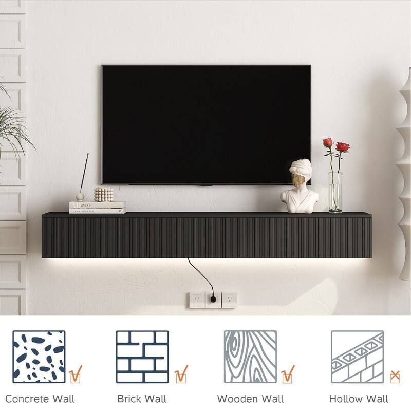 69" Wall Mounted TV for TVs up to 65'', Floating TV Stand with LED Lights & Power Outlet