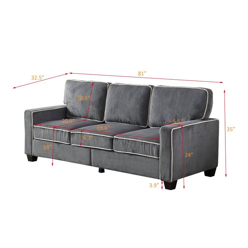 Corduroy Upholstered 3 Seater Sofa, Living Room Sofa with High Seat
