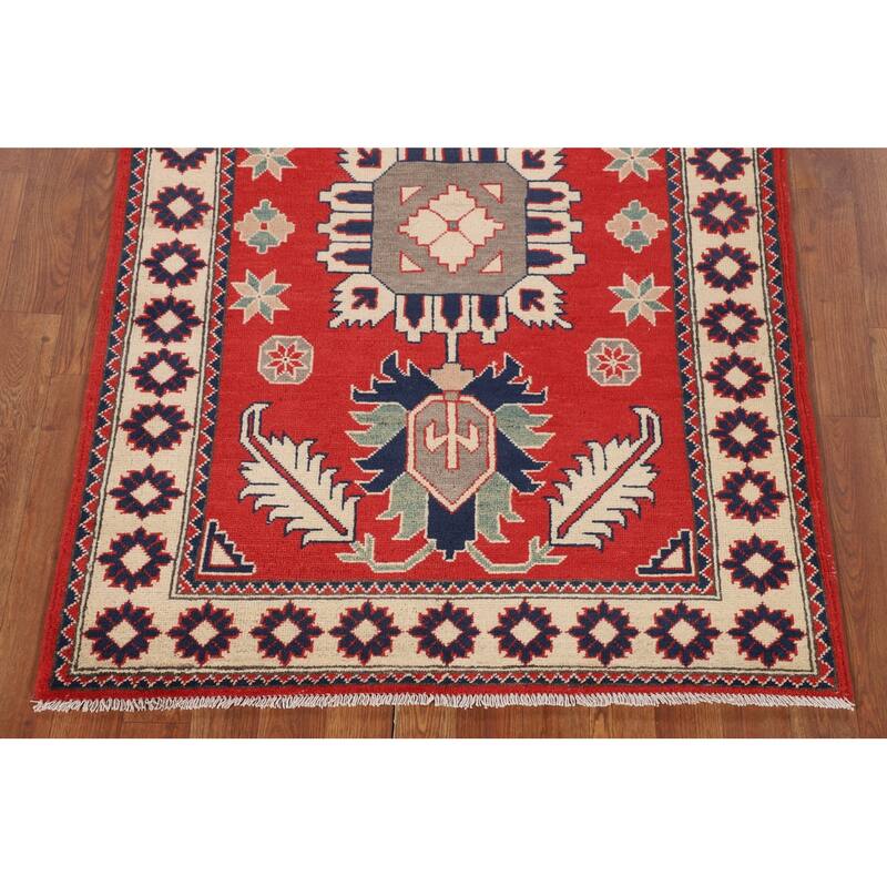 Geometric Red Kazak Oriental Accent Rug Hand-Knotted Wool Carpet - 3'5" x 4'11"