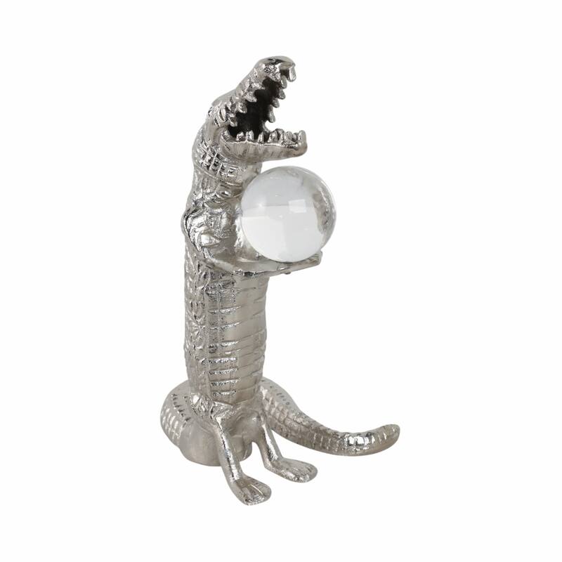 Metal Glass Alligator Figurine Holding Acrylic Clear Orb - 11" Silver - 6.5" x 5" x 10.5"