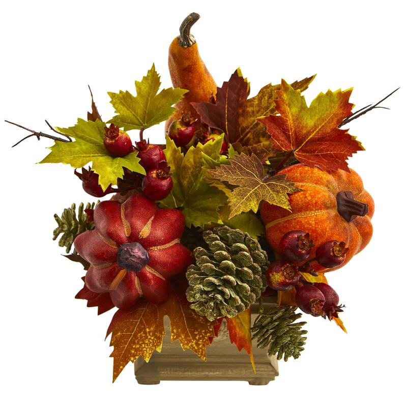 11" Pumpkins Gourd Berries Maple Leaves Fall Artificial Arrangement