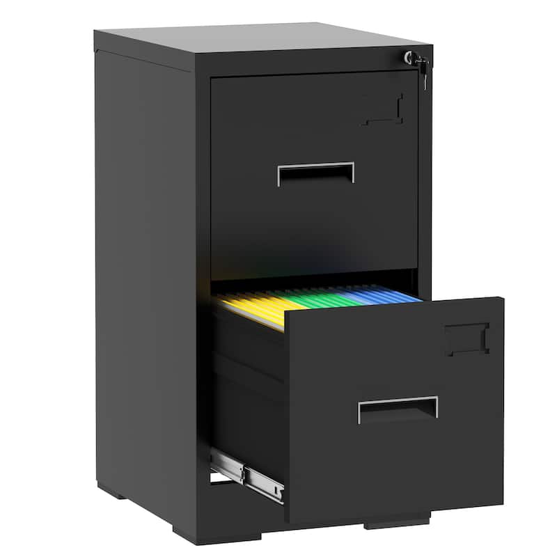 2 Drawer Metal Vertical File Cabinet with Lock and Card Slot File Cabinet for A4 Legal/Letter Size Narrow File Cabinet Locked - Black