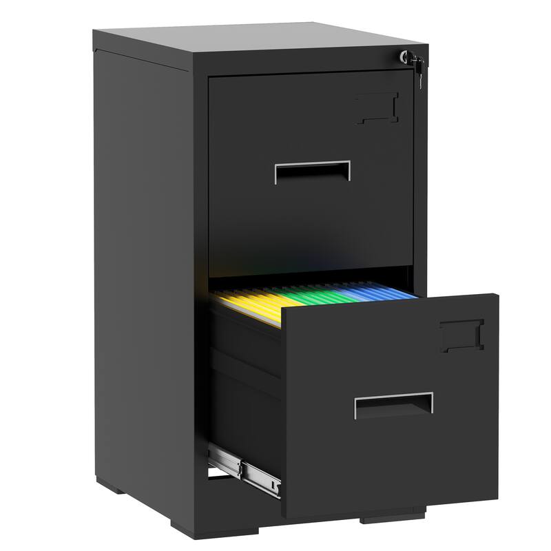 Modern Narrow Vertical Filing Cabinet with 2 Drawers Anti-Tilt Device, Locks and Card Slots, for Home Office - Black