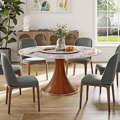 Modern Farmhouse Round Dining Table with Lazy Susan，Glossy Sintered Stone Tabletop ,Walnut Solid Wood Base