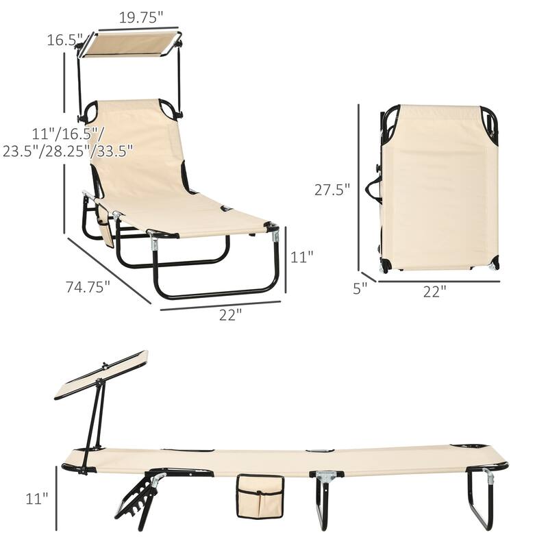 Outdoor Folding Recliner with Side Pocket and Awning