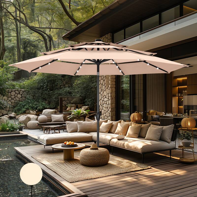 MAISON ARTS 10ft 3 Tier Auto-tilt Patio Umbrella Outdoor Double Vented Umbrella with LED Lights - Beige-Lights