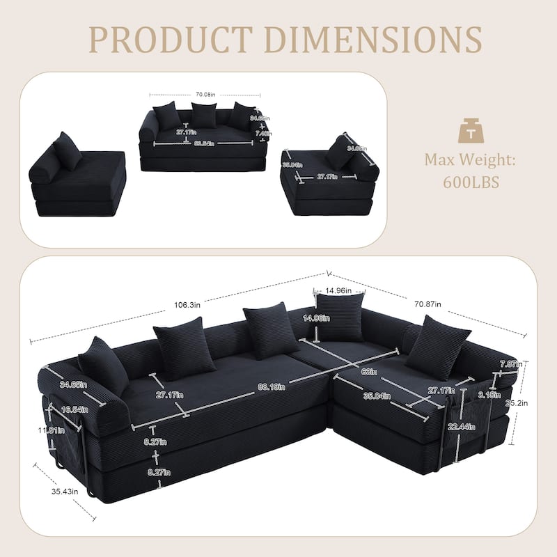 HOMEFUN Corduroy Upholstered Convertible Folding Sofa Bed with Fixed Frame and Pillow Back Handrail