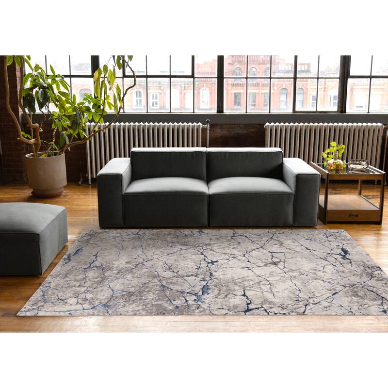 Blue Grey White Cracked Design Soft Polyester Rug
