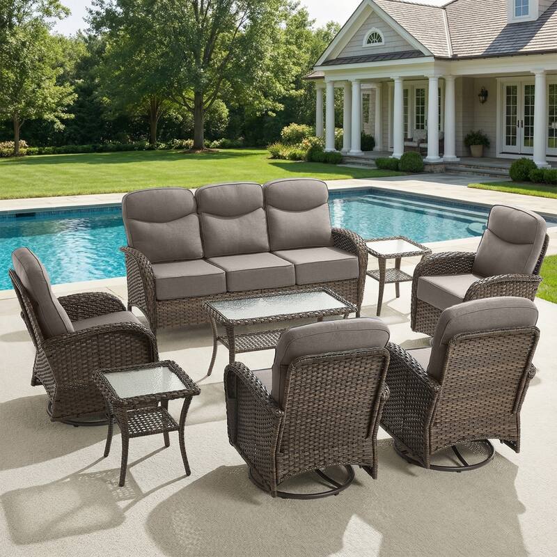 Pocassy Outdoor Wicker Patio Sofa with Swivel Chair Ottoman Sets - Brown Wicker Gray Cushion - 8-Piece Sofa Swivel Chair with Table