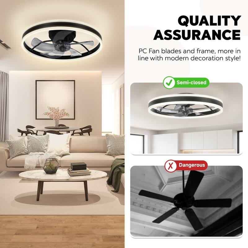 20 in. LED Indoor Black Low Profile Flush Mount Ceiling Fan with Light Remote Control for Bedroom, Small Room