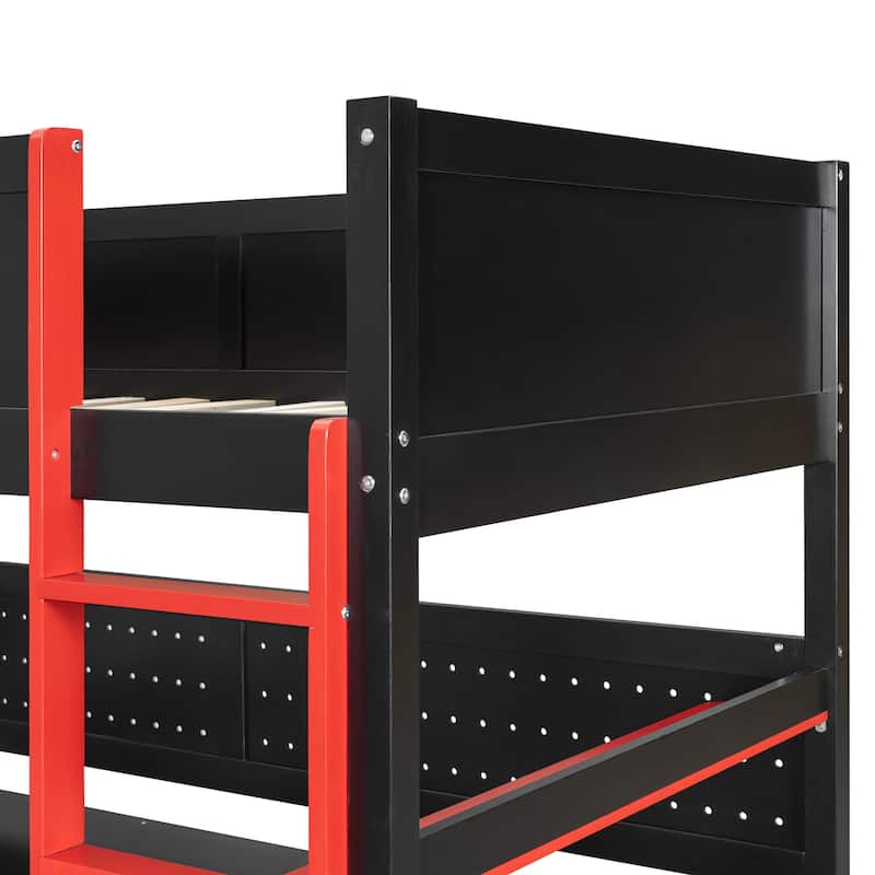 Gaming Loft Bed with Storage Stairs & Desk, Video Game Bed Wood Loft Bed Frame with Pegboard for Teens
