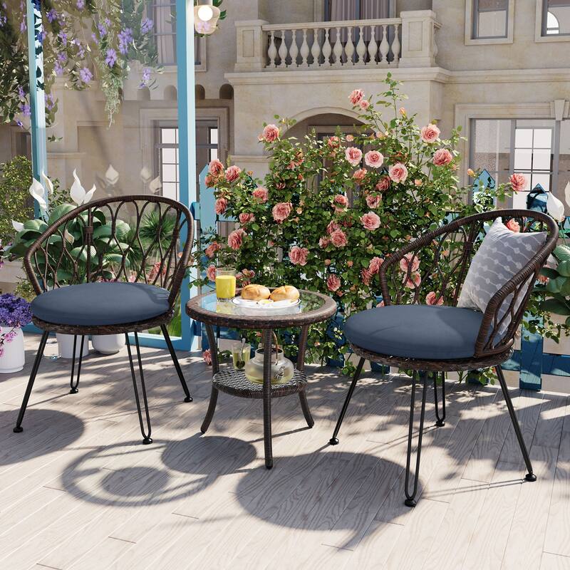 3 Pieces Rattan Bistro Set with A Glass Round Table for Patio