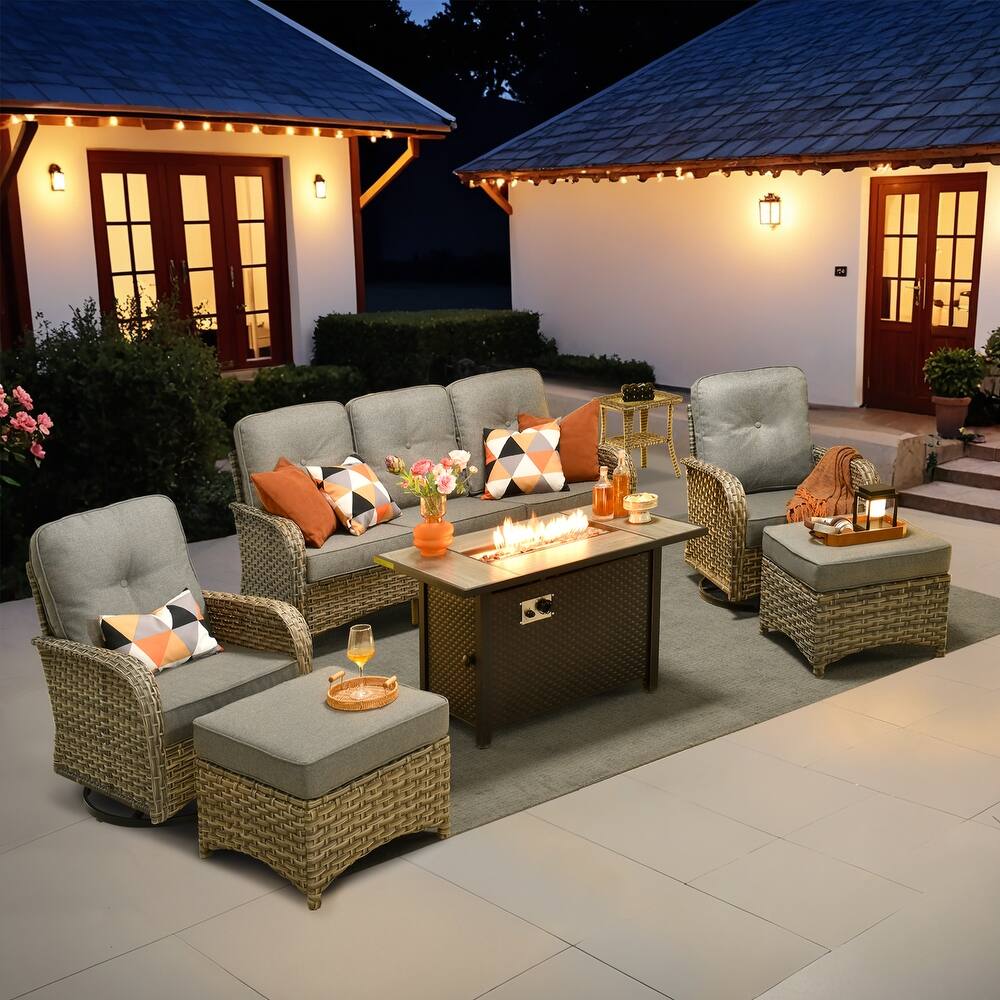 OVIOS 7-piece Patio Wicker Conversation Furniture Set With Fire Pit