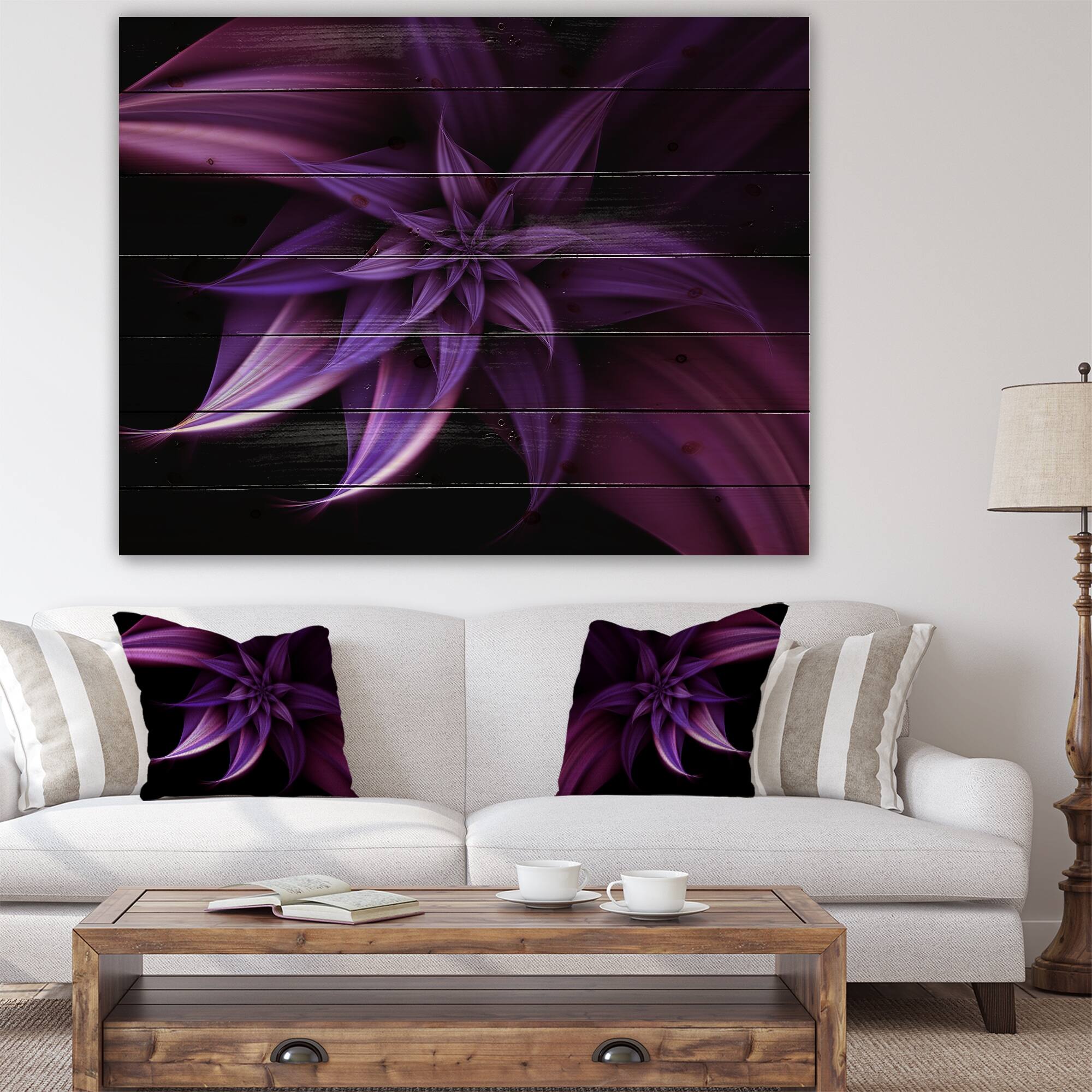 Designart 'Fractal Flower Purple' Floral Art Print on Natural Pine Wood