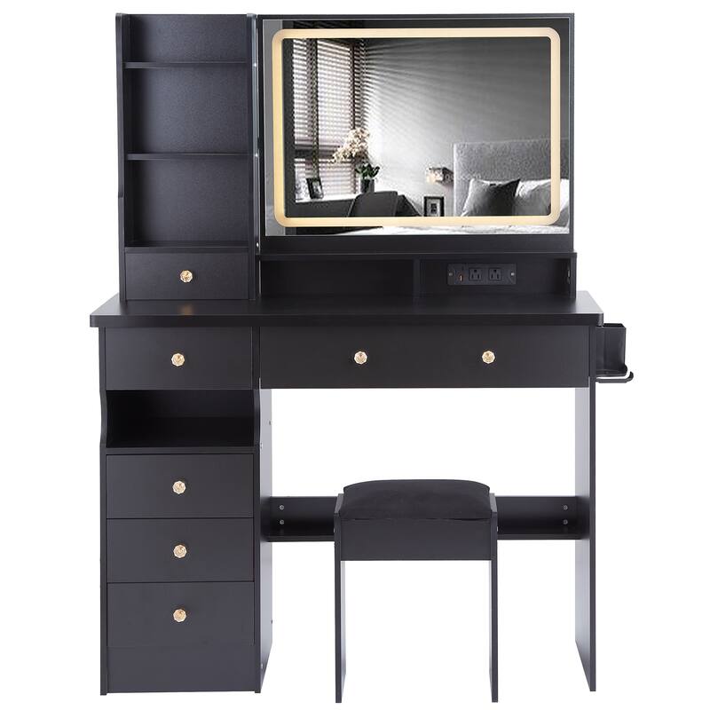 41" Large Size Left Drawer Desktop Vanity Table + Cushioned Stool Dresser Set, 2 AC+2 USB Power Station, Hair Dryer Stand
