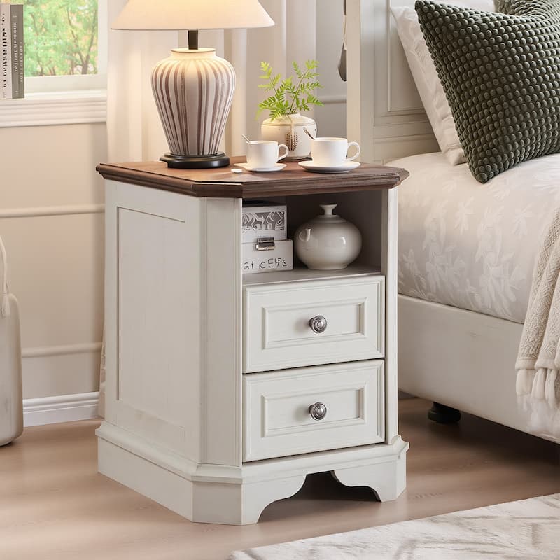 18" Farmhouse Nightstand with Charging Station, End Table,Side Table - Antique White
