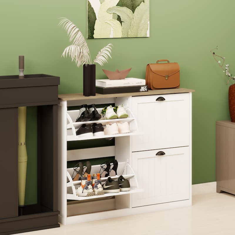 Anmytek Slim 4 Flip Drawer Shoe Storage Cabinet with Adjustable Shelves, Freestanding Entryway Shoe Organizer, White