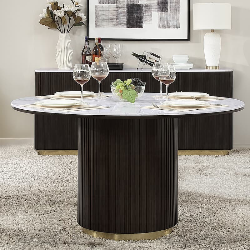 Round Dining Table with Faux Marble Top in Espresso and White - White/Espresso