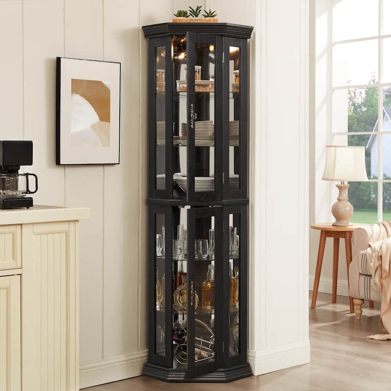 Lighted Corner Curio Cabinet - Glass Display Shelf with Tempered Glass Doors, Adjustable Shelving, and Included Bead Bulb