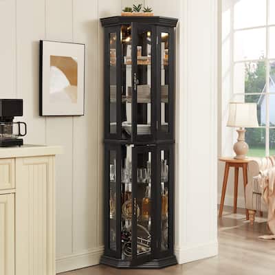 Lighted Corner Curio Cabinet with Tempered Glass Doors, Floor Standing Display Cabinet, China Cabinet with Adjustable Shelves