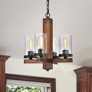 Alicia Antique Black Metal and Pine Wood Chandelier with Clear Glass ...