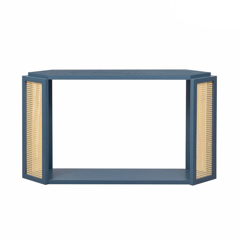 Arrow-Shaped Design Narrow Entryway Console Table with Open Shelf, Woven Rattan Accent Table Sofa Table for Living Room Hallway